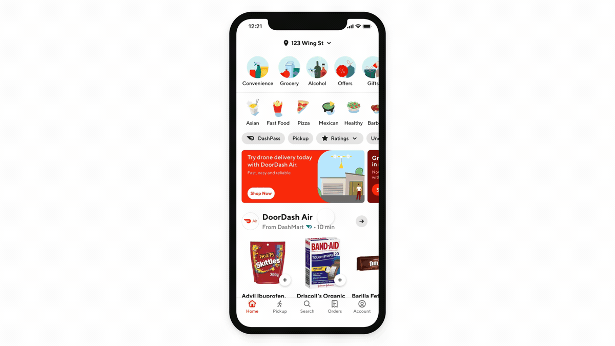 A phone screen walking through the process of making an order in the doordash app using wing drones as delivery method