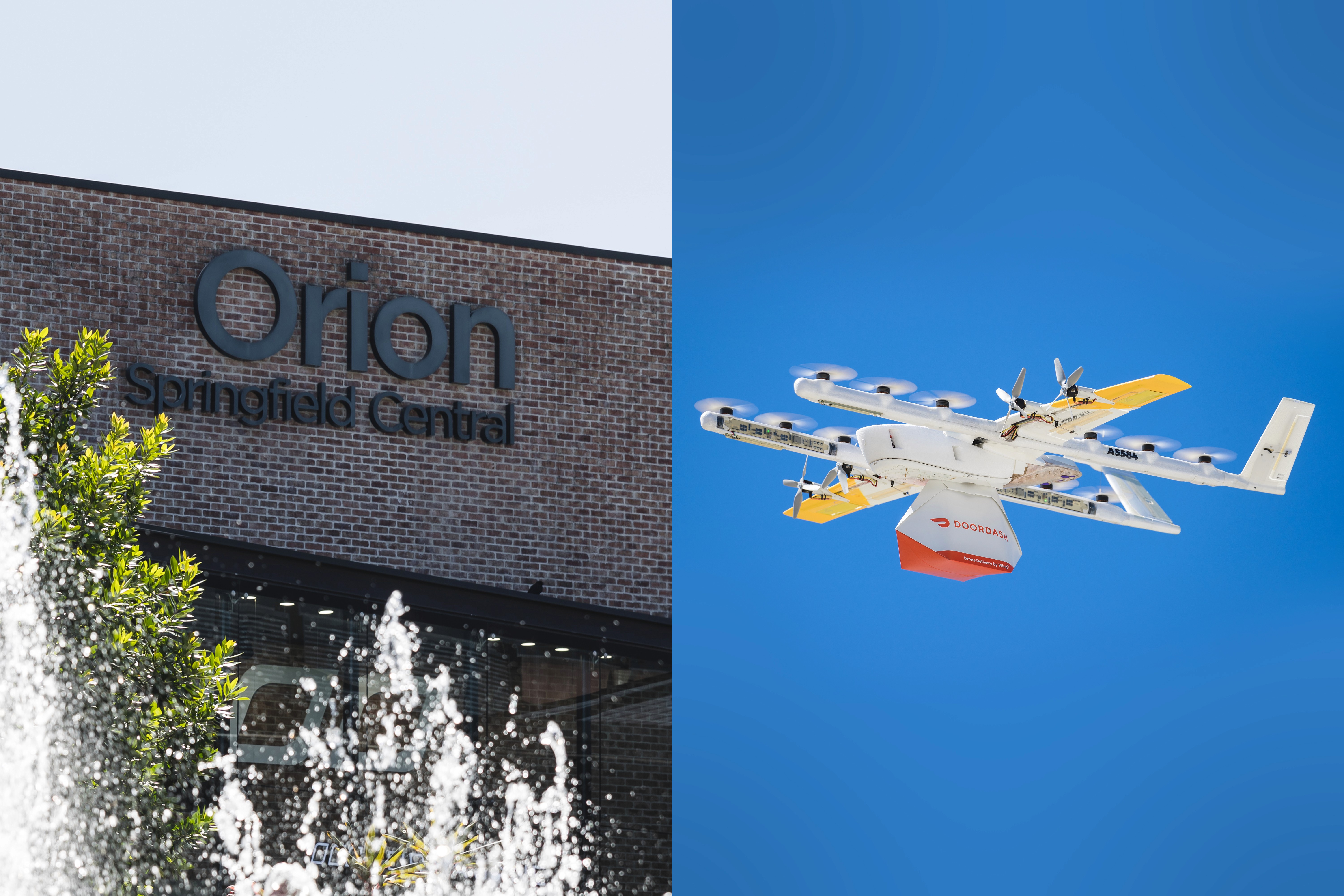The image shows a vibrant scene with a large brick building labeled "Orion Springfield Central" on the left, accompanied by a water fountain, while on the right, a white and yellow drone by "Wing" flies against a clear blue sky.