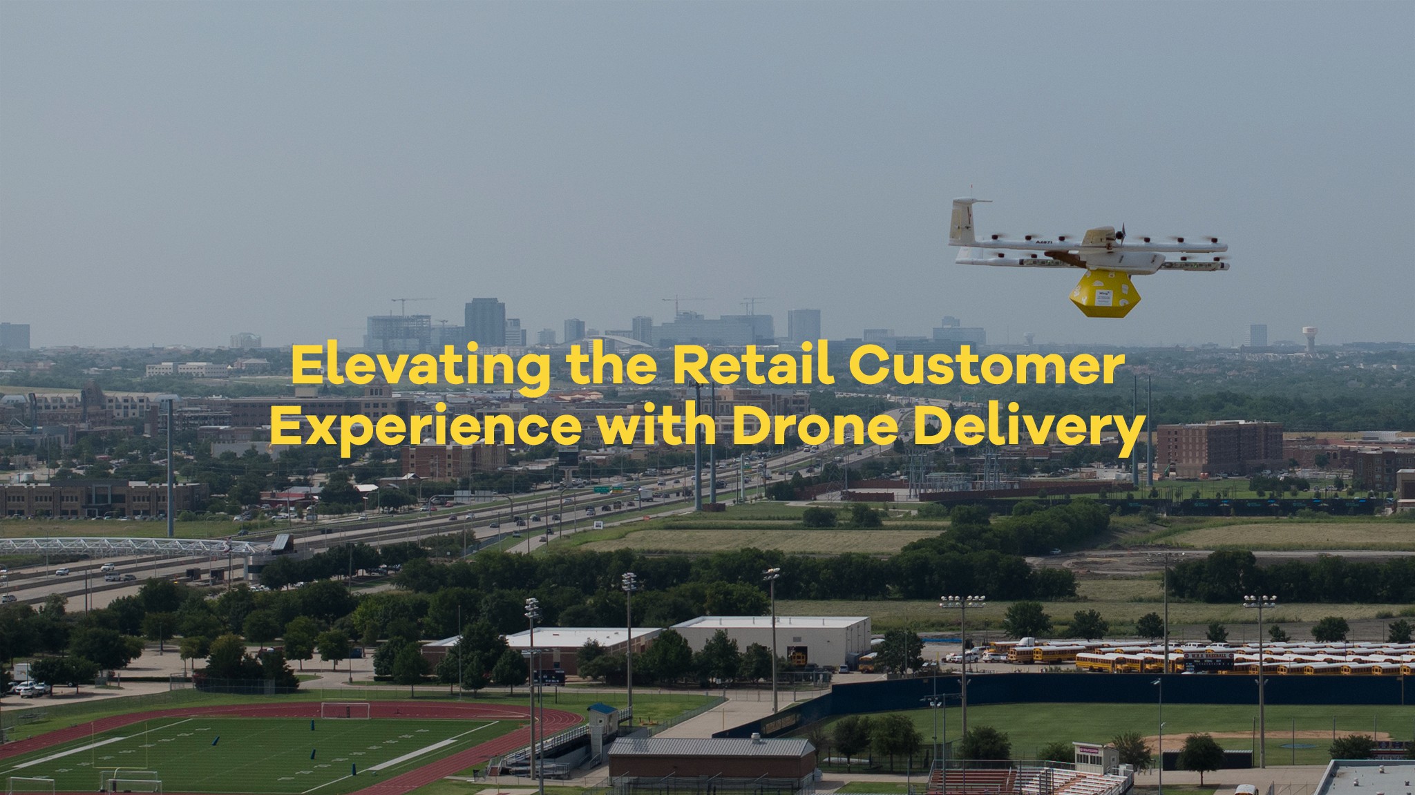A drone flying over a cityscape is carrying a package, illustrating the concept of "Elevating the Retail Customer Experience with Drone Delivery."