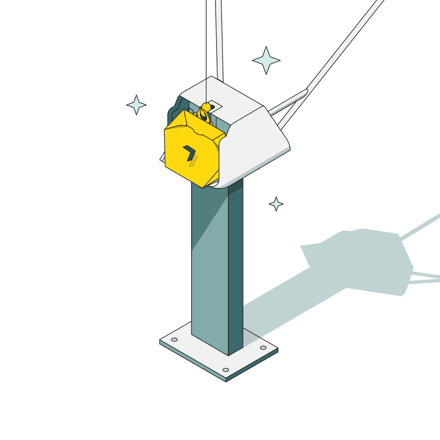 The image features a tall, autoloader machine with a vibrant yellow package marked with the Wing logo.
