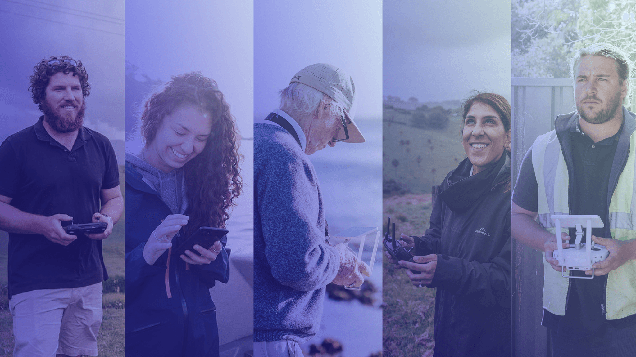 A diverse group of people are engaged in operating drones outdoors, with varying landscapes and weather conditions behind them, showcasing technology's accessibility and versatility.