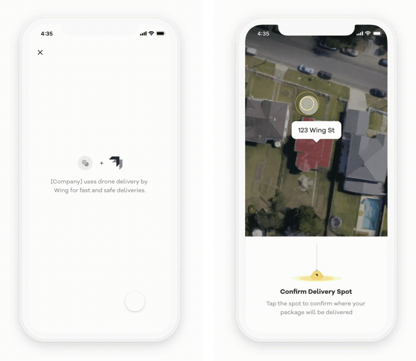 Two smartphone screens display a drone delivery app; the left screen shows a loading message about fast and safe drone deliveries, while the right screen presents a map with a highlighted delivery spot labeled "123 Wing St" and a prompt to confirm the location.