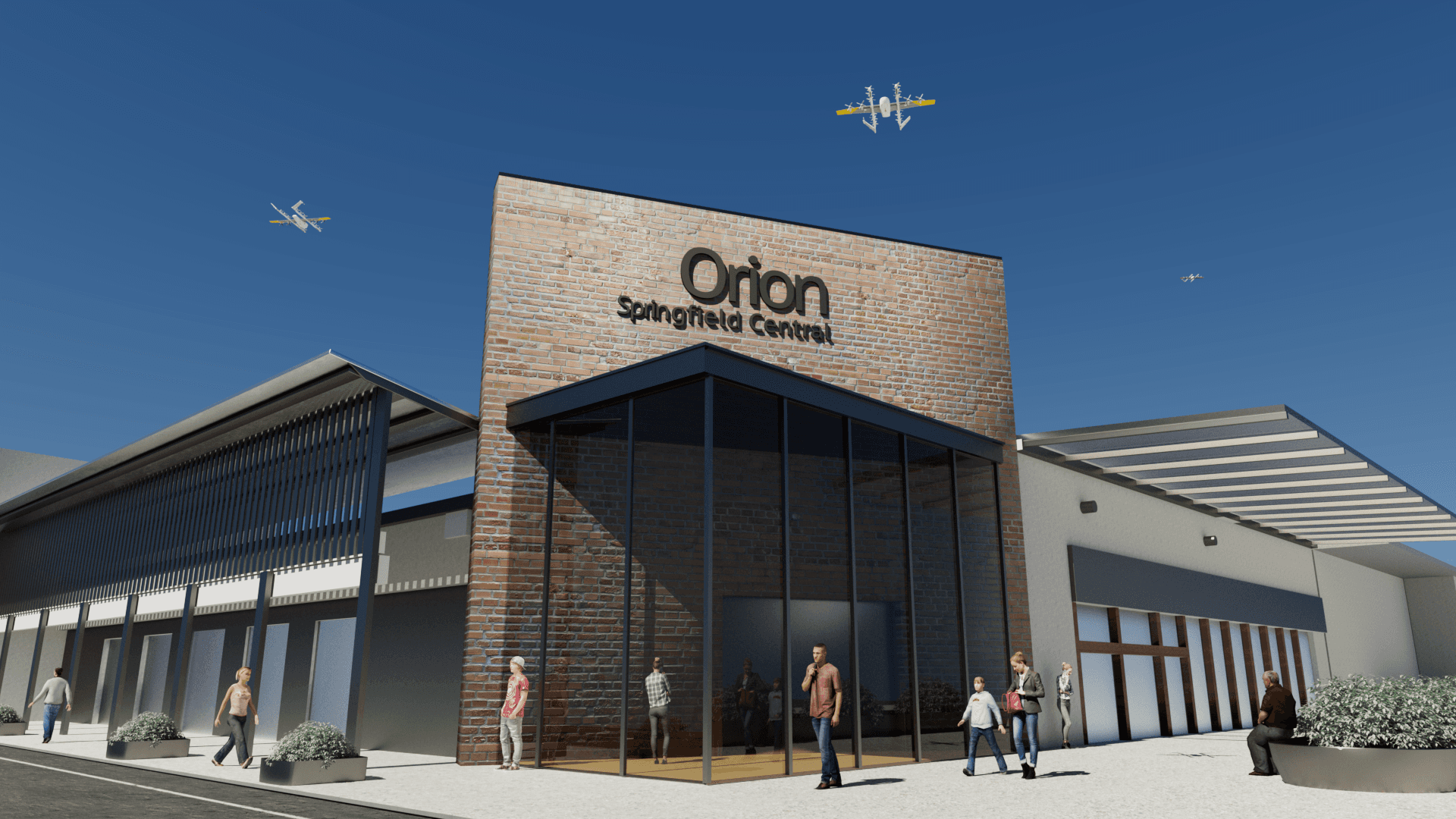 A modern architectural rendering of Orion Springfield Central features a sleek brick façade with large glass windows, set against a clear blue sky with airplanes flying overhead, and people walking in the foreground, highlighting a vibrant shopping center environment.