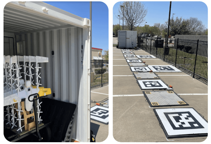 Two images depict a system for drone operations; on the left, drones rest inside an open shipping container, while on the right, multiple landing pads with QR codes are arranged in a parking lot, framed by a fence and trees under a clear blue sky.